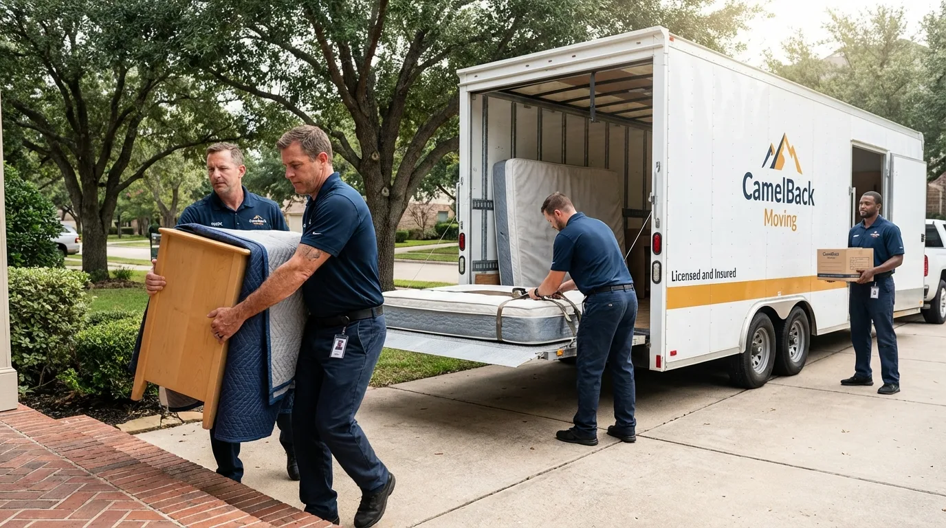 Crew loading residential truck for cross-state move from Middleton, ID