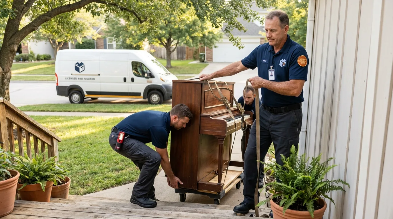 Licensed piano movers securing grand piano in Middleton, ID