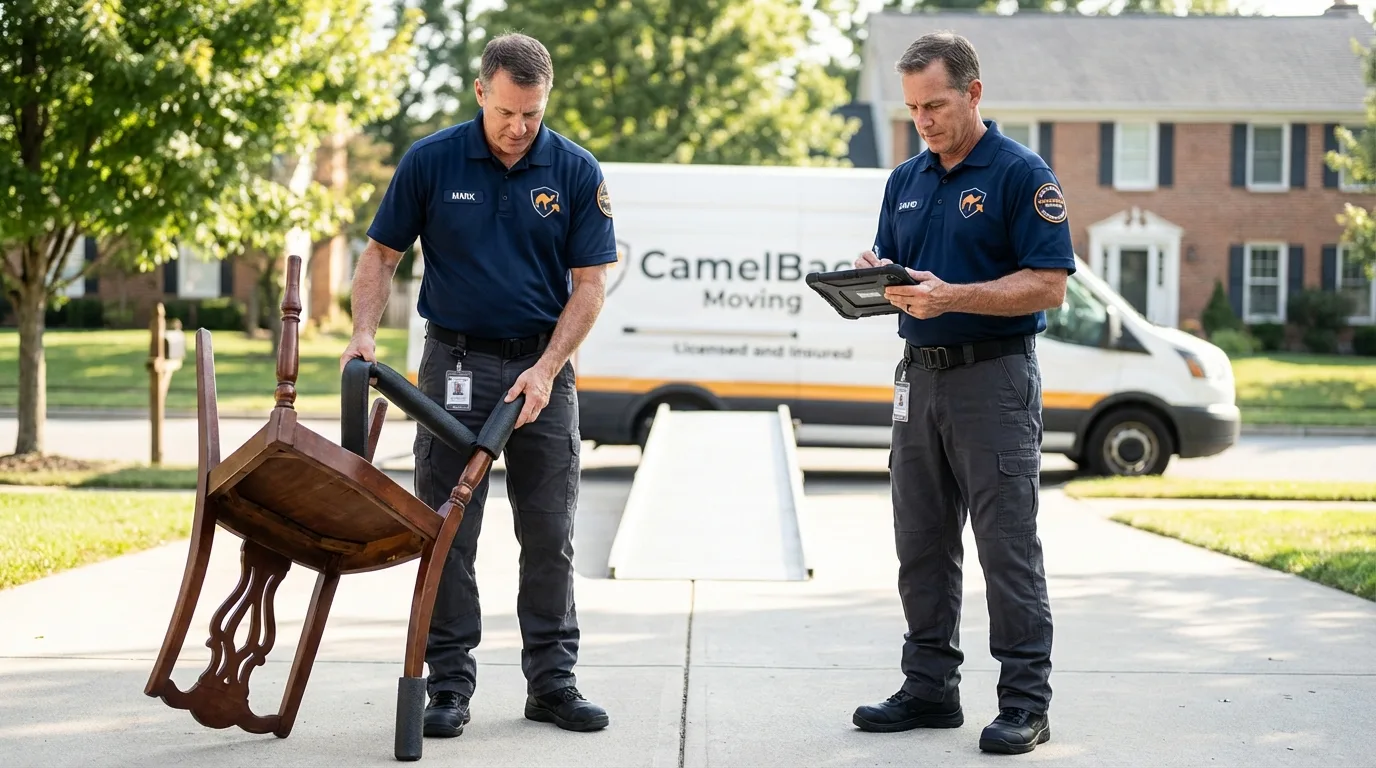 Movers inspecting furniture for damage prevention before loading in Middleton, ID