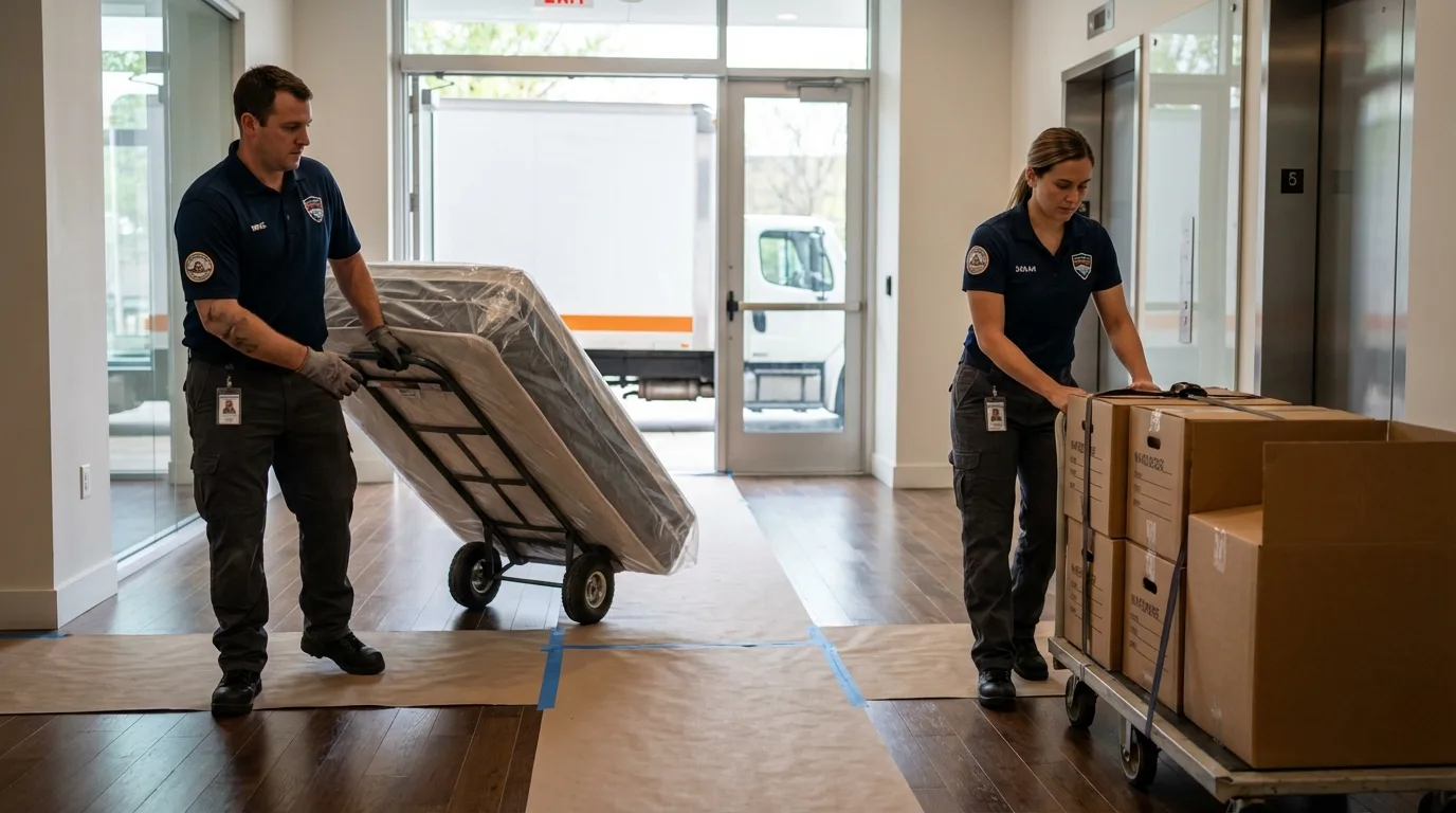 Professional apartment movers loading elevator in Middleton, ID